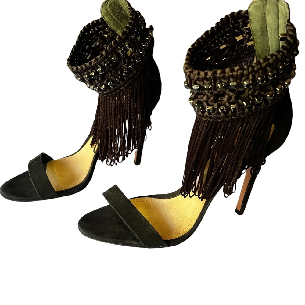 Schutz Fringe Rhinestone Ankle Cuff Stiletto Sandals